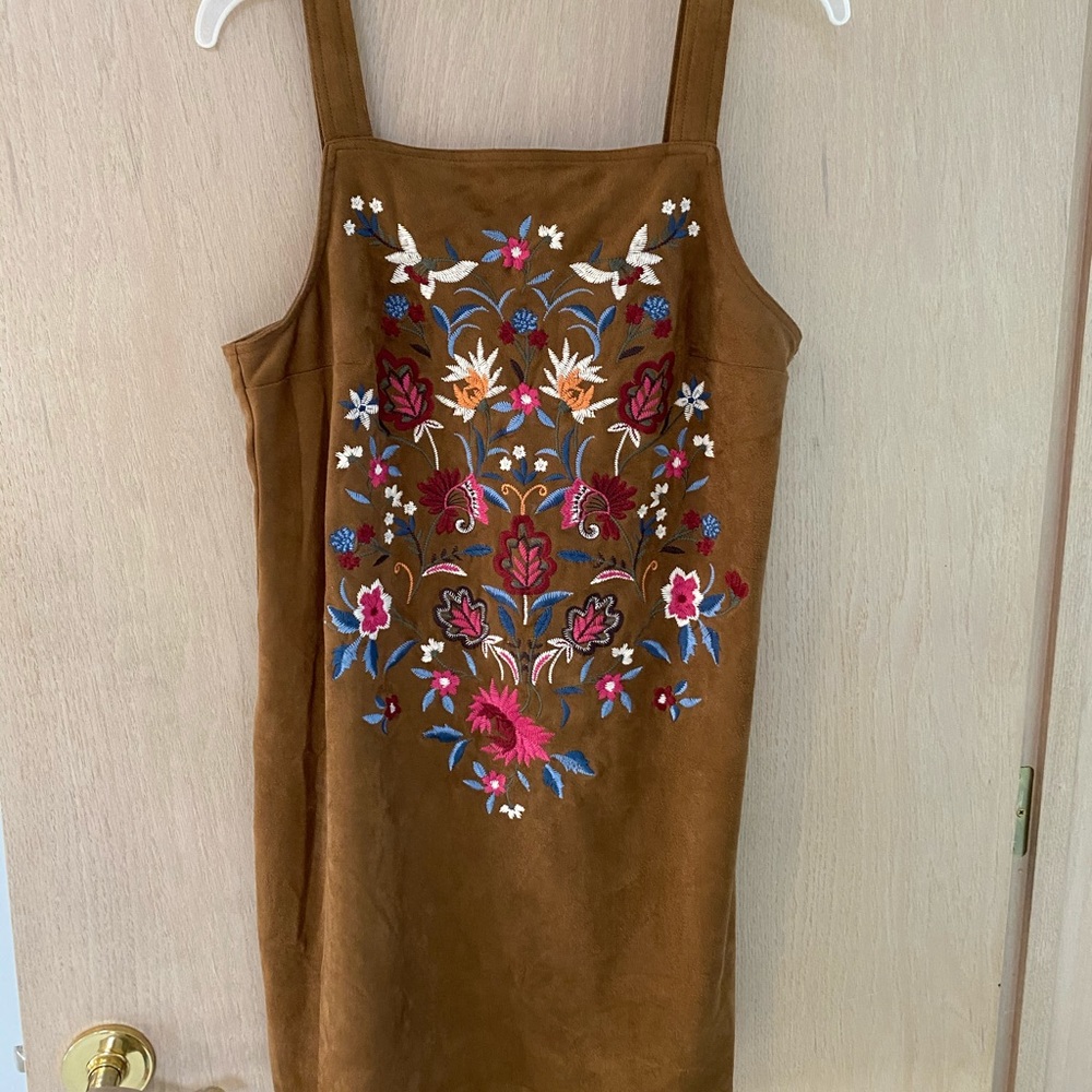 Tan suede floral embroidered dress